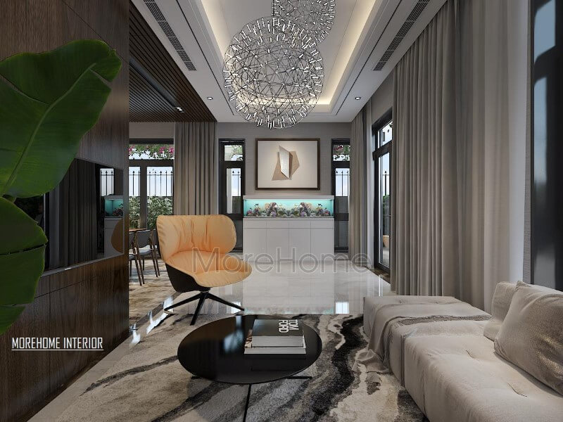 Thảm lông mềm nghệ thuật tạo sự phân chia độc đáo cho phòng khách hiện đại sang trọng. Mẫu thiết kế nội thất biệt thự đẹp