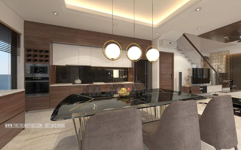 Thiết kế nội thất phòng bếp biệt thự hiện đại, không đi sâu vào chi tiết cầu kỳ mà đơn giản, nhấn mạnh tính công năng và mang đến một không gian gọn gàng và sang trọng hơn cho gia chủ. Thiết kế phòng bếp, tủ bếp đẹp