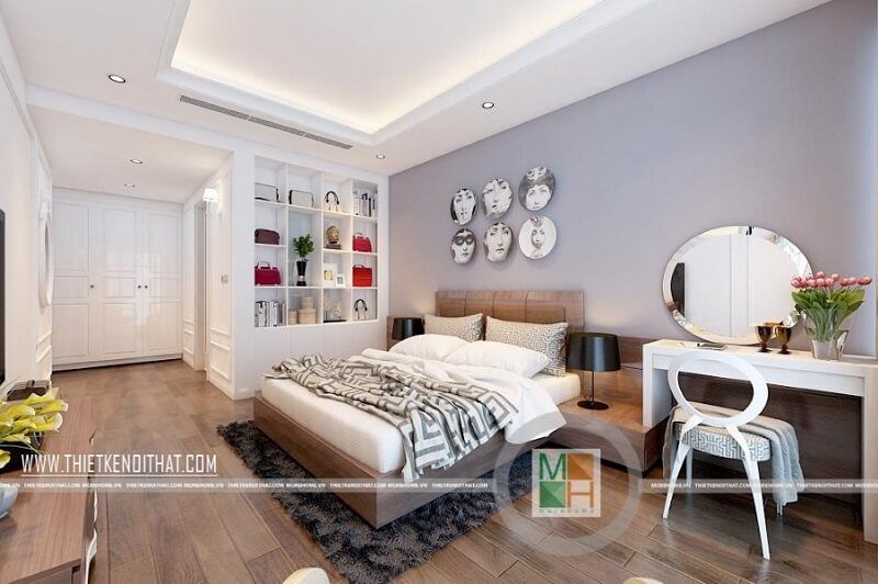 Mẫu giường ngủ chung cư cao cấp bọc da đầu giường màu nâu mang đến cảm giác sang trọng cho căn phòng ngủ của gia chủ