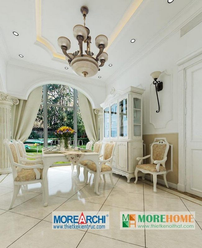 Mẫu tủ trang trí phòng ăn gỗ màu trắng kết hợp kính với thiết kế tân cổ điển sang trọng, tiện nghi cho các thành viên trong gia đình