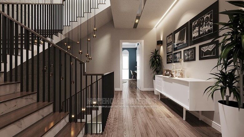 Đóng kệ decor trang trí đẹp, hiện đại với màu sắc tinh tế nhẹ nhàng cho khu vực hành lang tầng thêm cuốn hút