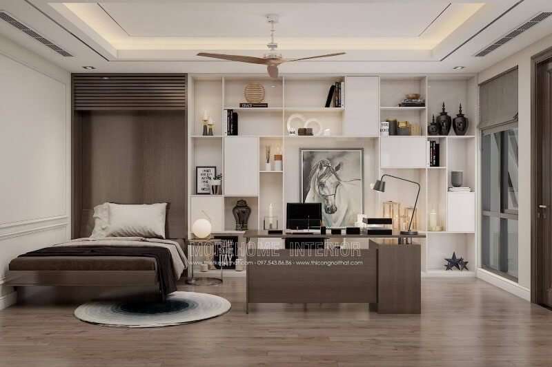 Phòng làm việc sẽ thoáng rộng hơn khi gia chủ lựa chọn kệ tủ trang trí âm tường gỗ hiện đại