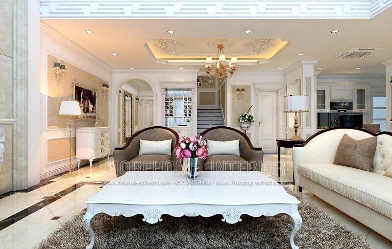 Bàn trà phong cách Tân cổ điển góp phần tạo nên vẻ đẹp sang trọng cho căn phòng với màu sơn trắng mang lại sự năng động.