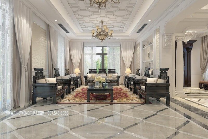 .
Chọn 2 tone màu chủ đạo là trắng và đen cùng với sự sắp xếp hợp lí của đồ gỗ nội thất, không gian phòng khách sẽ trở nên sang trọng và đẳng cấp mà vẫn giữ được vẻ đẹp truyền thống của người Việt.