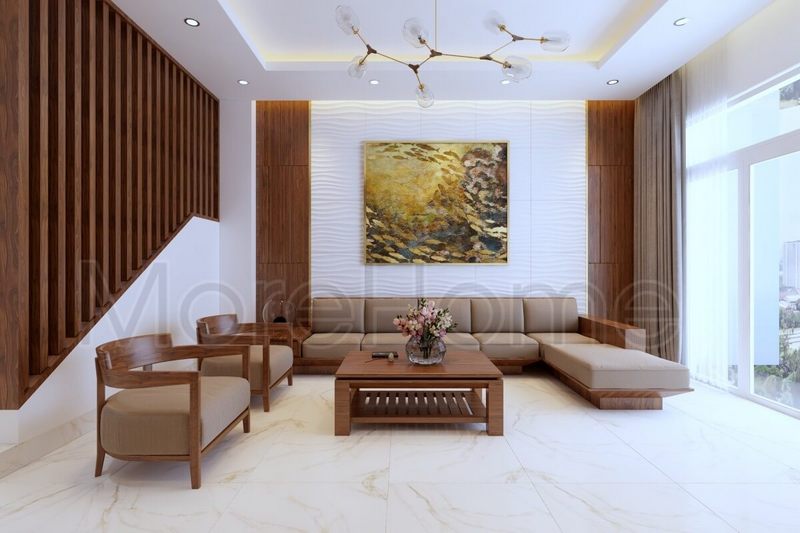 Trang trí phòng khách với tranh decor và đèn thả trần giúp bức tường không bị trống, trang trí tránh sự nhàm chán và ấn tượng