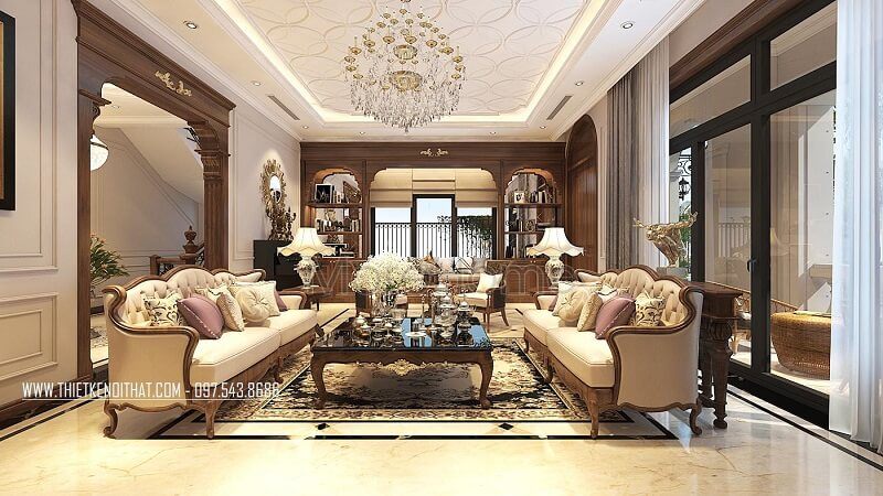 Mẫu bàn trà gỗ óc chó màu nâu trầm kết hợp với bộ sofa da tân cổ điển mang đến vẻ đẹp sang trọng, đẳng cấp cho phòng khách.