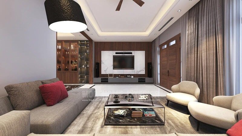 Đá trắng vân mây kết hợp gỗ ốp tường vân óc chó cao cấp tạo nên vẻ đẹp sang trọng đầy lôi cuốn cho phòng khách hiện đại.