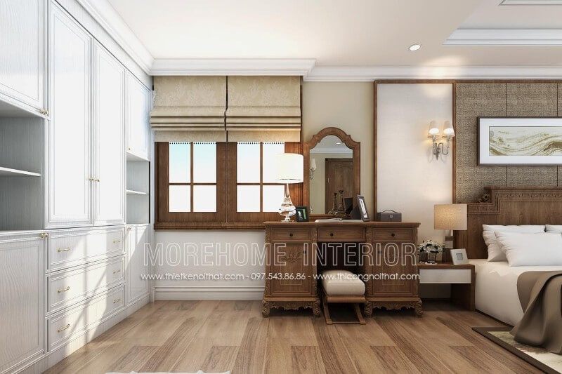 Để tạo nên một phong cách trang điểm tinh tế và sang trọng cho phòng ngủ biệt thự, hãy thiết kế một bàn ghế gỗ óc chó theo kiểu dáng tân cổ điển.